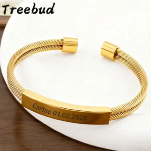 Treebud Custom Names Bangle for Women Stainless Steel Personalized Engrave Date Initials ID Bar Adjustable Bracelet Jewelry Gift