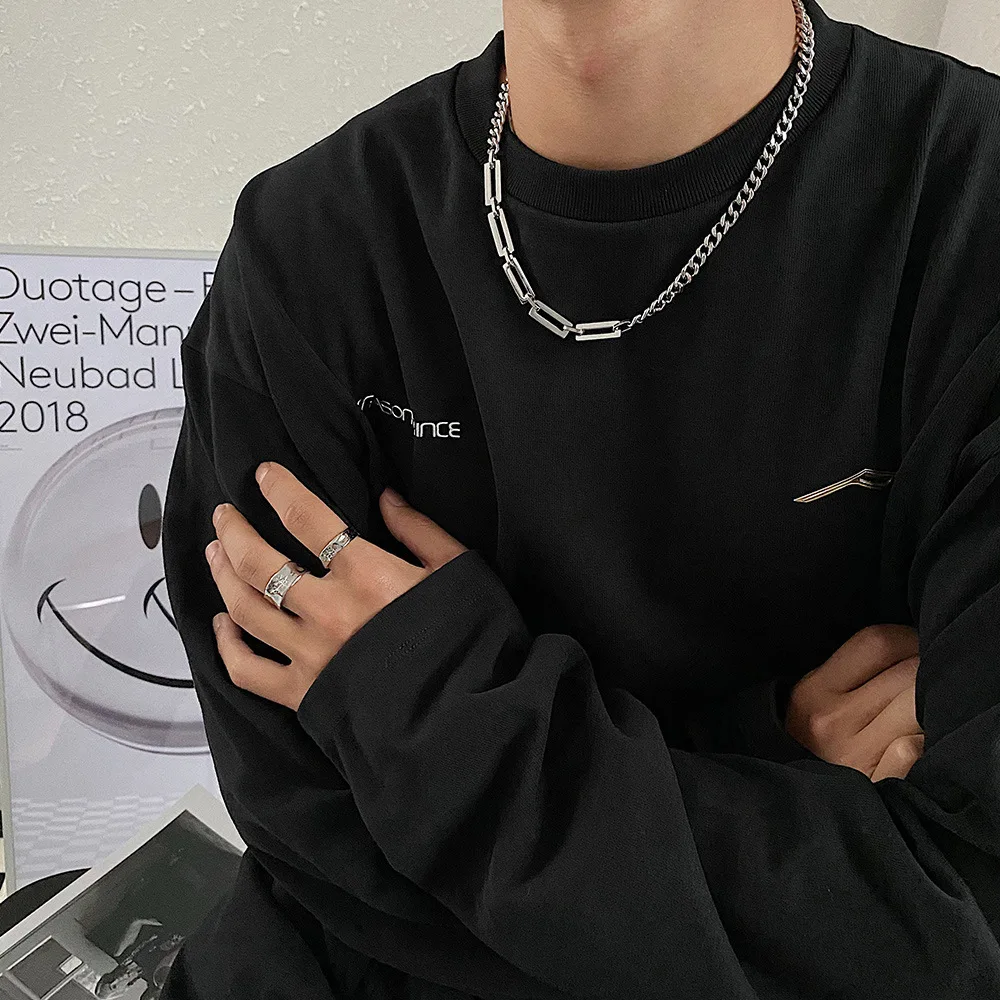 HNSP 316L Stainless Steel Two Tone Chain Necklace for Men Black Square Tag Pendant Curb Paperclip Chain Male Jewelry Gift - Image 3
