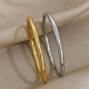 AENSOA 316L Stainless Steel Waterproof Polished Slim Cuff Bracelet Bangles for Women Smooth Gold Plated Openable Thin Bracelets
